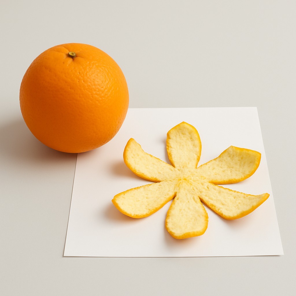 An orange and peeled orange skin next to each other.